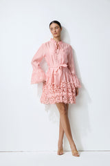 Lovely Charm Pink Long Sleeve Tiered Lace Mini Dress
