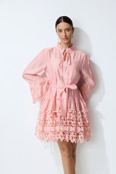 Lovely Charm Pink Long Sleeve Tiered Lace Mini Dress