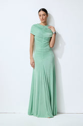 Sunlit Freshness Green Ruched Cap Sleeve Maxi Dress