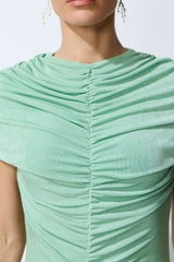 Sunlit Freshness Green Ruched Cap Sleeve Maxi Dress