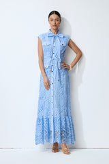 Sweet Glow Blue Bow Neck Cap Sleeve Lace Maxi Dress