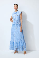 Sweet Glow Blue Bow Neck Cap Sleeve Lace Maxi Dress