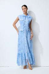 Sweet Glow Blue Bow Neck Cap Sleeve Lace Maxi Dress