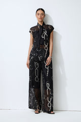 Close to Me Black Printed Sheer Bow Tie Top & Wide Leg Pants Set