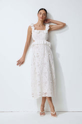 Coastal Daydream White Eyelet Lace Tie Back Midi Dress