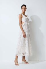 Coastal Daydream White Eyelet Lace Tie Back Midi Dress