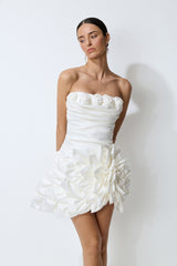 Always Blossoming White Floral Applique Strapless Satin Mini Dress