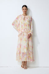 Always Yours Apricot Floral Print Lantern Sleeve Chiffon Maxi Dress