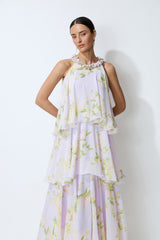 Collected Memories Purple Floral Print Layered Ruffle Maxi Dress