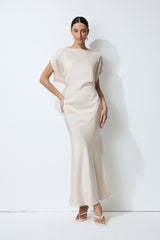 Purely Elegant Beige Lace-Trim Asymmetric Satin Top & Skirt Set