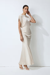 Purely Elegant Beige Lace-Trim Asymmetric Satin Top & Skirt Set