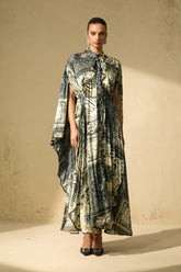 Signature Elegance Beige Printed Cape Sleeve Maxi Dress