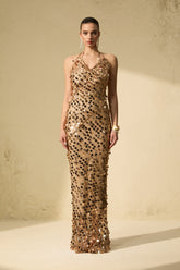 Radiance Starlet Gold Sequin Fishnet Maxi Dress