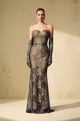 Sheer Fascination Blue Strapless Embroidered Lace Maxi Dress With Gloves