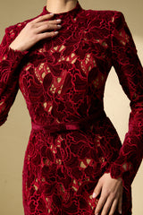 Love Me Forever Burgundy Floral Lace Long Sleeve Midi Dress