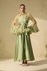 Soft Morning Mist Green Sheer Ruffled Blouse & Satin Dress Set