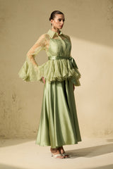 Soft Morning Mist Green Sheer Ruffled Blouse & Satin Dress Set