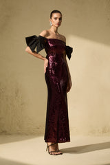 My Feels Burgundy Sequin Off Shoulder Maxi Dress