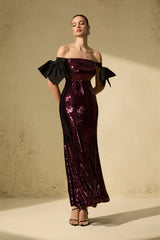My Feels Burgundy Sequin Off Shoulder Maxi Dress