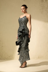 Flawless Sparkle Silver Sequin Asymmetric Ruffle Maxi Dress