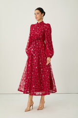 Charming Event Red Sequin Floral Embroidered Maxi Dress