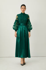 Perfectly Flirtatious Green Sheer Lace Sleeve Maxi Dress