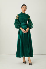 Perfectly Flirtatious Green Sheer Lace Sleeve Maxi Dress