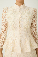 Keep It Interesting Beige Sheer Sleeve Floral Lace Top & Skirt Set