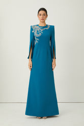 Marvelous Darling Blue Beaded Embroidery Split Cape Sleeve Maxi Dress