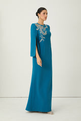 Marvelous Darling Blue Beaded Embroidery Split Cape Sleeve Maxi Dress