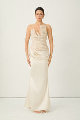 Love Potion Beige Strapless Lace Corset Maxi Dress