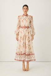 Glowing Presence Apricot Floral Print Mandarin Collar Maxi Dress
