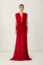 See The City Red Deep V-Neck Ruched Maxi Dress
