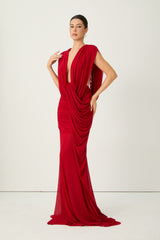 See The City Red Deep V-Neck Ruched Maxi Dress