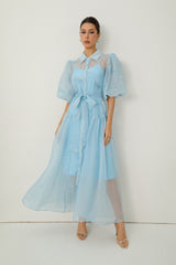 Dreamy Personality Blue Puff Sleeve Embroidered Maxi Dress