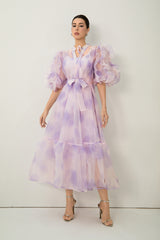Dream Kiss Purple Puff Sleeve Ruffle Maxi Dress