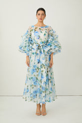 Dreaming in Color Blue Rose Print Ruffled Sleeve Maxi Dress