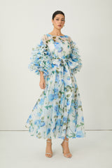 Dreaming in Color Blue Rose Print Ruffled Sleeve Maxi Dress