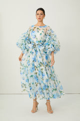 Dreaming in Color Blue Rose Print Ruffled Sleeve Maxi Dress