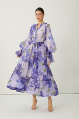 Dreaming Of Elegance Purple Floral Print Tiered Maxi Dress