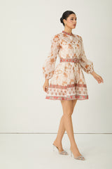 Confident Sensation Beige Balloon Sleeve Floral Print Mini Dress