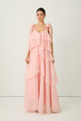 Irresistible Feelings Pink Tiered Ruffle Bow Shoulder Maxi Dress