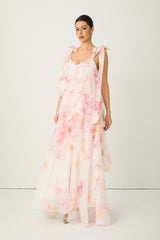 Glamorous Sweetie Pink Floral Print Tiered Ruffle Bow Strap Maxi Dress