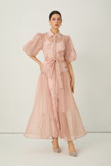 Dreamy Personality Pink Puff Sleeve Embroidered Maxi Dress