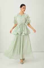 Vibes On Point Green Ruffle Sleeve Tie Neck Maxi Dress