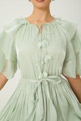 Vibes On Point Green Ruffle Sleeve Tie Neck Maxi Dress