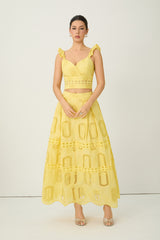 Bright Season Yellow Embroidered Lace Ruffle Top & Skirt Set