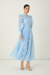 Dreamy Occasions Blue Floral Embroidered Ruffle Sleeve Maxi Dress