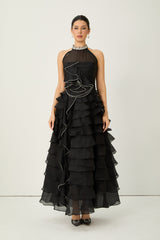 Love You So Black Embellished Tiered Ruffle Maxi Dress