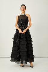 Love You So Black Embellished Tiered Ruffle Maxi Dress